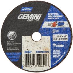 SAINT-GOBAIN NORTON CO311638GFC, WHEEL 3 X 1/16 X 3/8 - GEMINI FREE CUT T41 CO311638GFC
