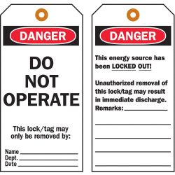 BRADY 65407, LOCKOUT TAG -B-853 5-3/4 X 3 - DANGER DO NOT OPERATE 25/PKG 65407